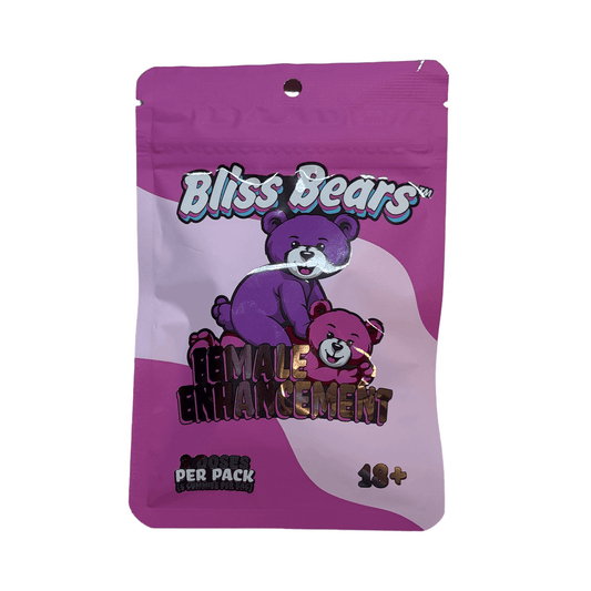 Close-up of a single Bliss Bears gummy bear with packaging in the background, highlighting vegan female libido support.