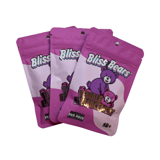 Three packs of Bliss Bears Female Enhancement Gummies for Women Pink displayed side by side in pink packaging.