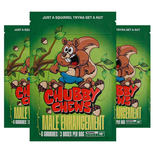 Natural male enhancement gummies, Chubby Chews, in a colorful package.