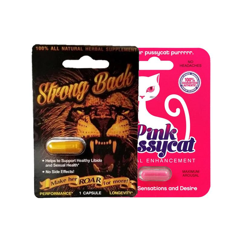 His & Her Libido Boosting Supplements - Pink Pussycat Capsules for Her and Strong Back Capsules for Him Strong Back capsules for men
Pink Pussycat capsules for women
His and Her sexual enhancement capsules
Male libido booster capsules
Female sexual enhancer Pink Pussycat
Strong Back male stamina capsules
Pink Pussycat female arousal supplement
Strong Back and Pink Pussycat combo
Natural sexual enhancement capsules for men and women
Sexual wellness supplements for couples